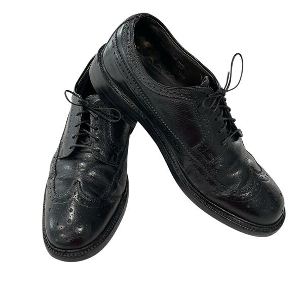 Hanover Black Wingtip Shoes Men 8.5 Leather Dress Lace Up Oxfords Vintage READ main image 4